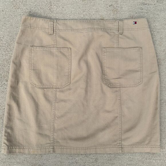 Vtg Tommy Hilfiger Mini Skirt Womens 16 Khaki Cargo Snap Front Y2K 2000s A-Line - Picture 7 of 11
